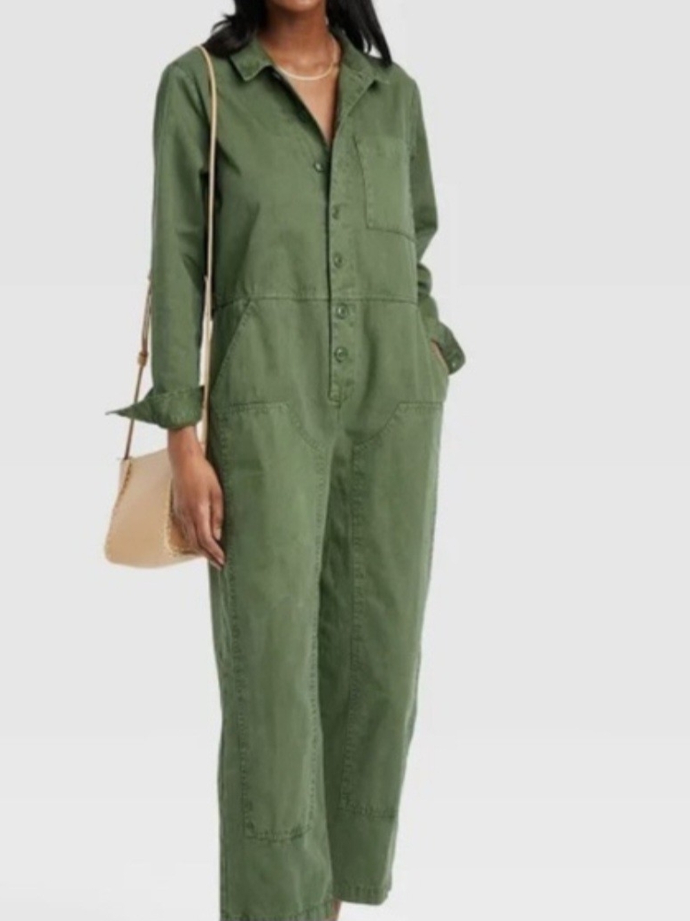 UNIVERSAL THREDA Olive Green Utility Jumpsuit - Women's Casual Workwear
